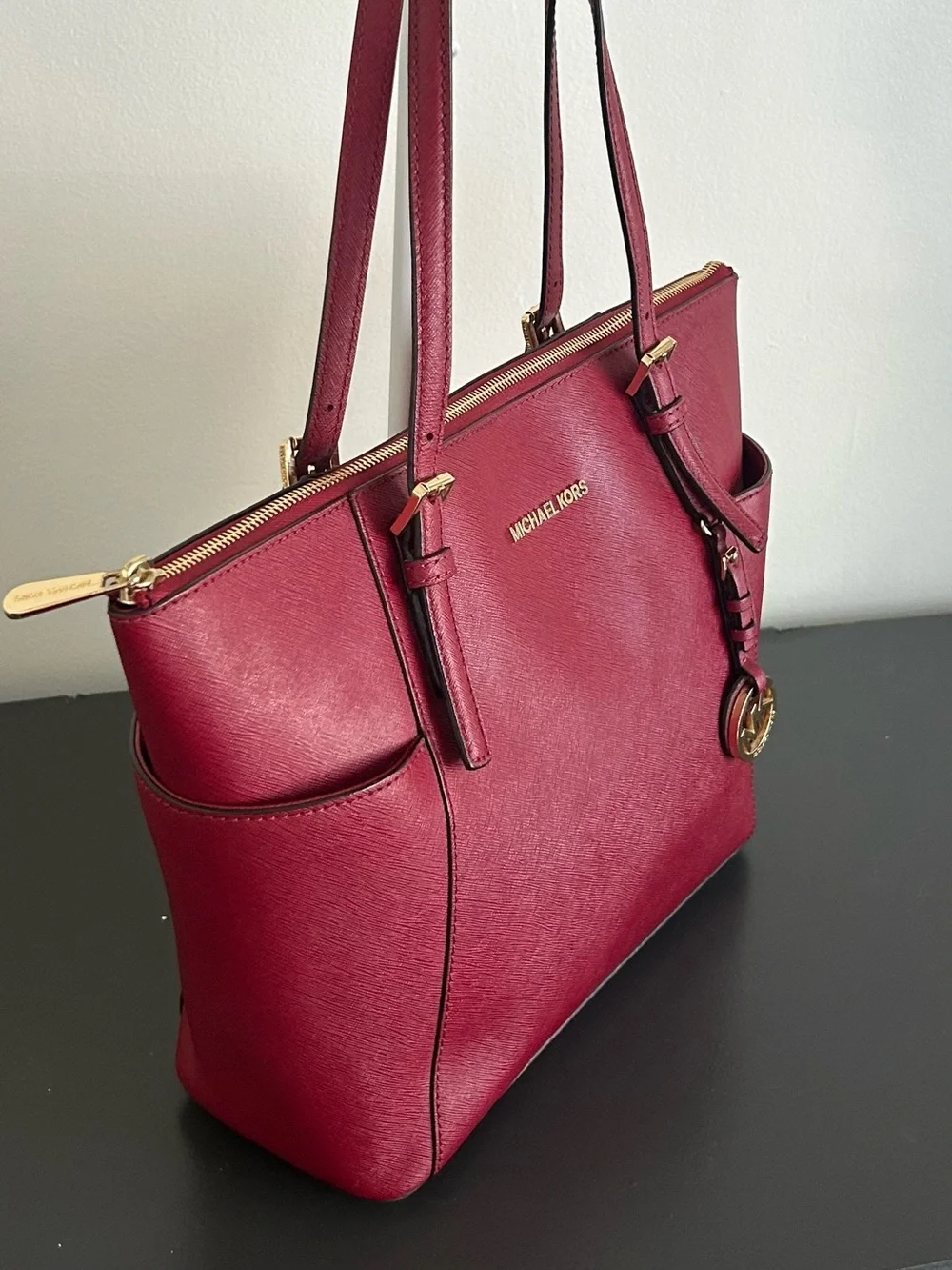 Michael Kors Burgundy Saffiano Leather Large Zip Tote Shoulder Work Bag
